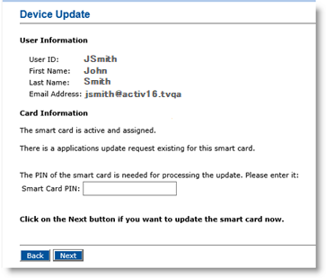 Device Update dialog box displaying User Information and Card Information with a field to enter the PIN